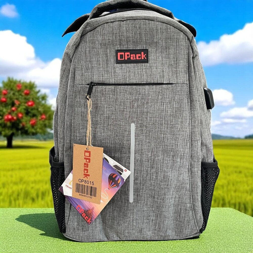 OPack Grey Laptop Backpack USB Port RFID Anti Theft Travel School Bag‎